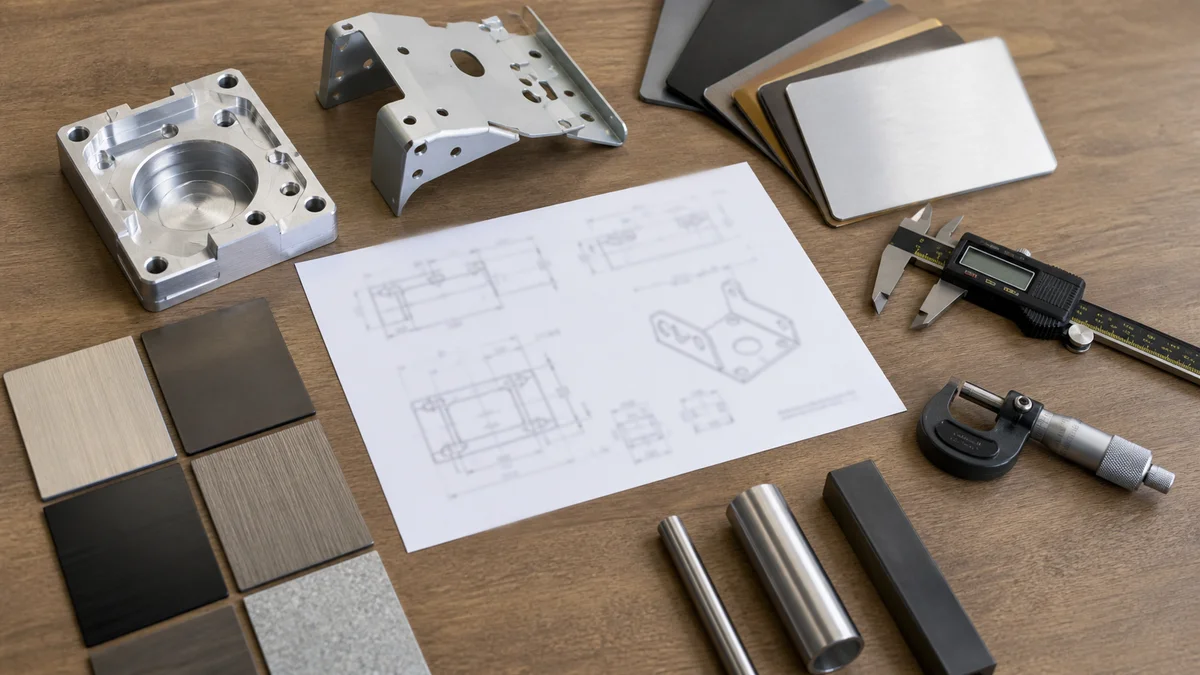 RFQ Parts and Inspection Package Machined and fabricated parts arranged with drawings, material samples, inspection tools, and finish swatches.