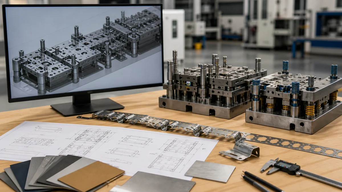 CAD model, drawings, material samples, stamped parts, and inspection tools assembled for a stamping RFQ.