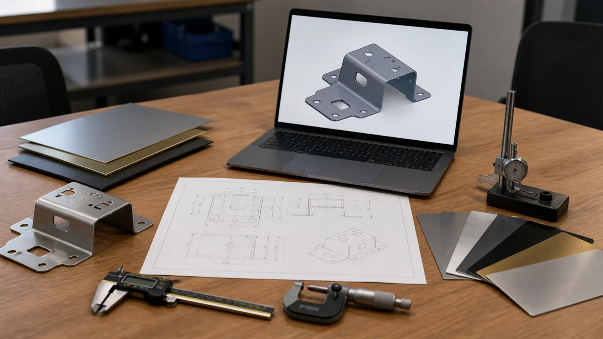 Stamping RFQ Package Review Stamped part, sheet sample, technical drawing, 3D model, finish samples, and inspection tools prepared for RFQ review.