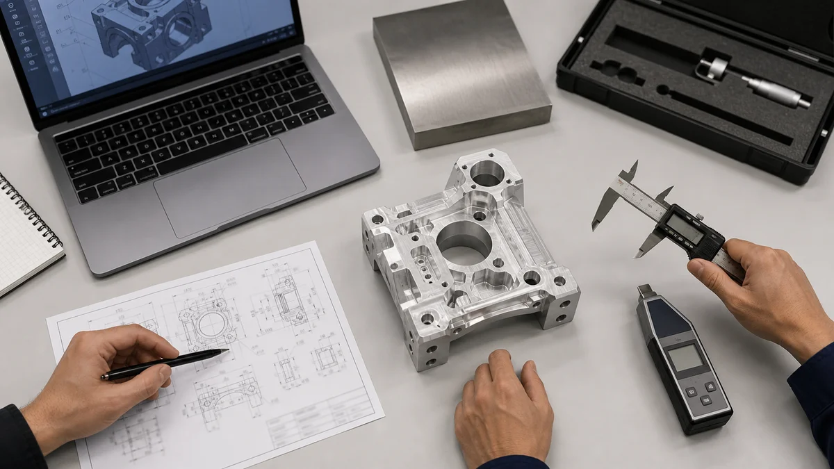 CNC RFQ Review Table Machined part, CAD model, technical drawing, material sample, caliper, and roughness tester arranged for RFQ review.
