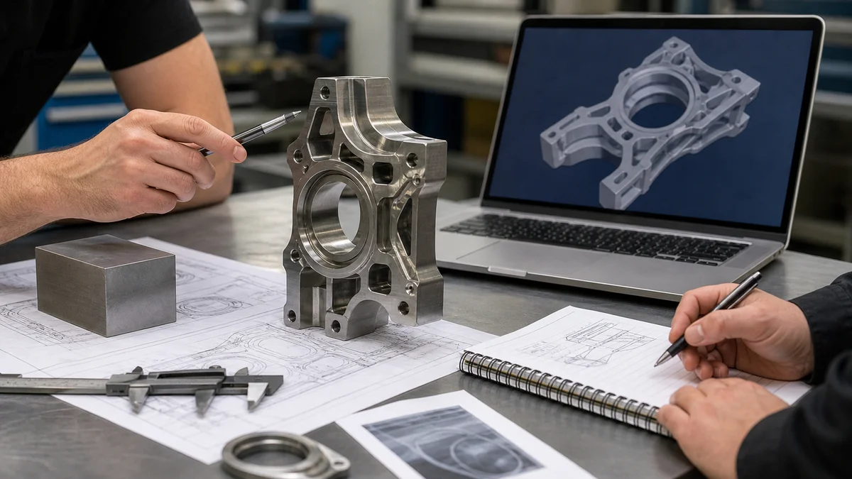 Titanium component arranged with CAD geometry, drawing sheets, stock sample, and inspection tools for RFQ preparation.