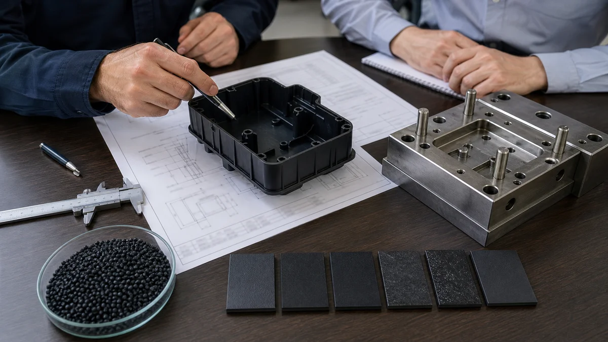 Molded housing, mold insert, resin pellets, texture samples, measuring tool, and drawing sheets arranged for an RFQ review.