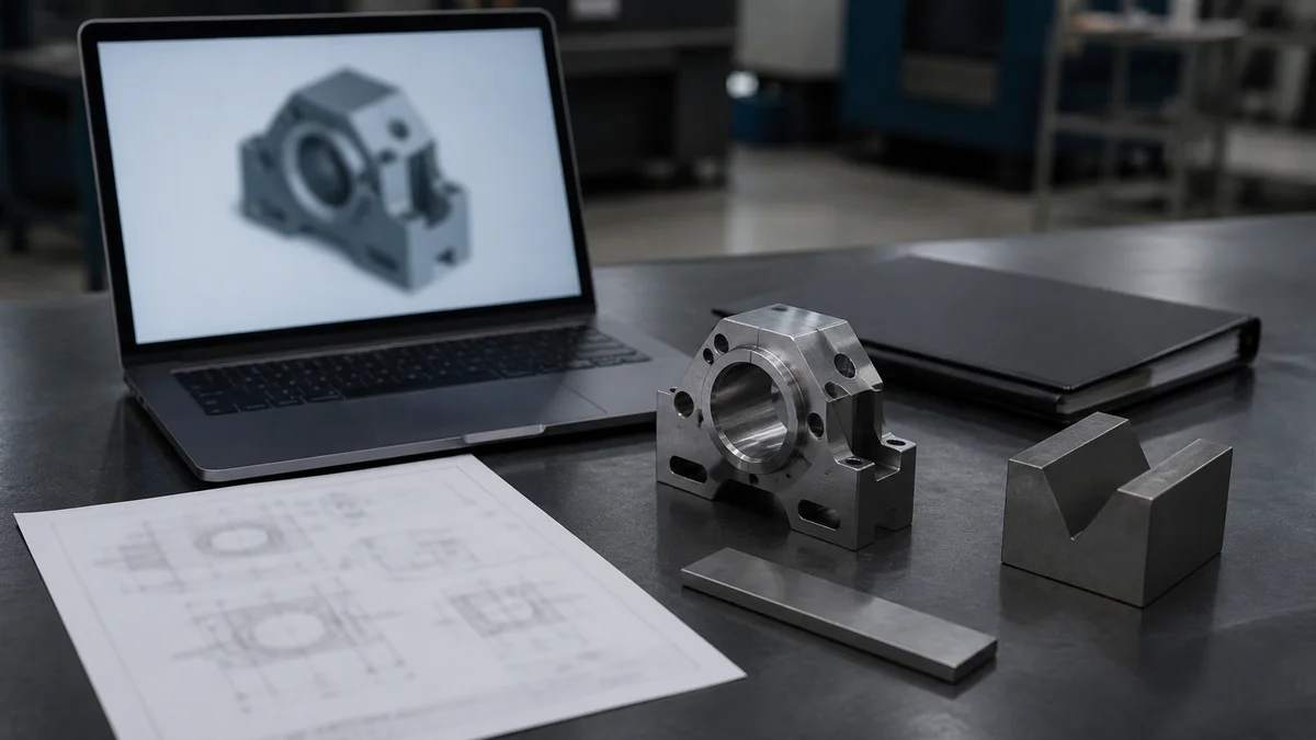 A machined steel part, blurred technical drawing, generic CAD model, caliper, and inspection tools arranged for RFQ review.