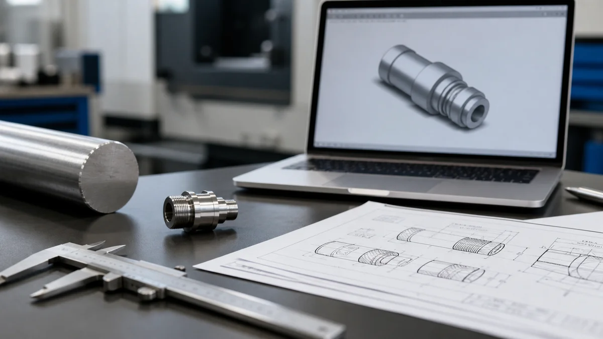 Precision turned part, calipers, bar sample, drawing pages, and a generic 3D model prepared for an RFQ.