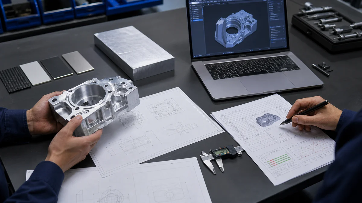 CNC Machining RFQ Package Machined aluminum part beside a CAD model, drawing sheets, stock sample, caliper, and inspection documents.