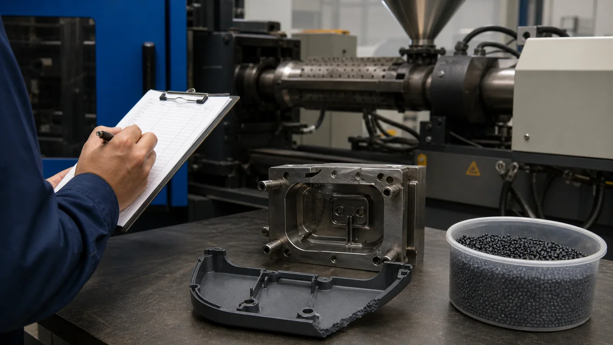 Short-Shot Process Check An incomplete molded part beside resin pellets and injection molding process controls.