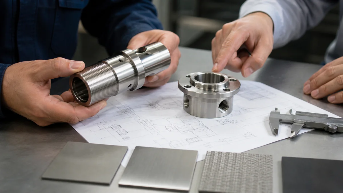 Two stainless parts being reviewed against a technical drawing and functional features.