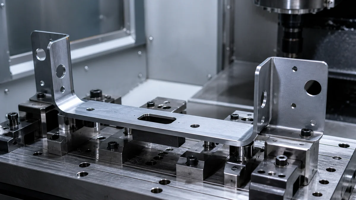 Machined Features on Bent Frame Bent sheet metal frame fixtured for CNC machining of precision holes and a datum pad.