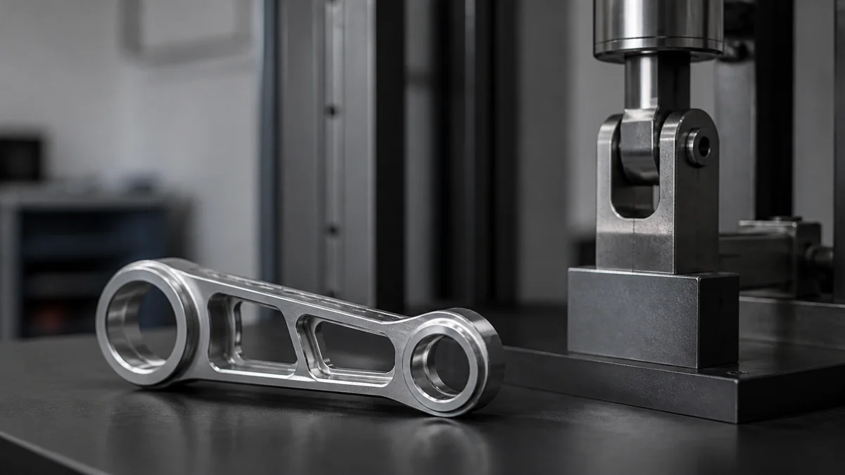Compact High-Strength Link Compact machined aluminum link with bores and fillets beside a mechanical fixture.