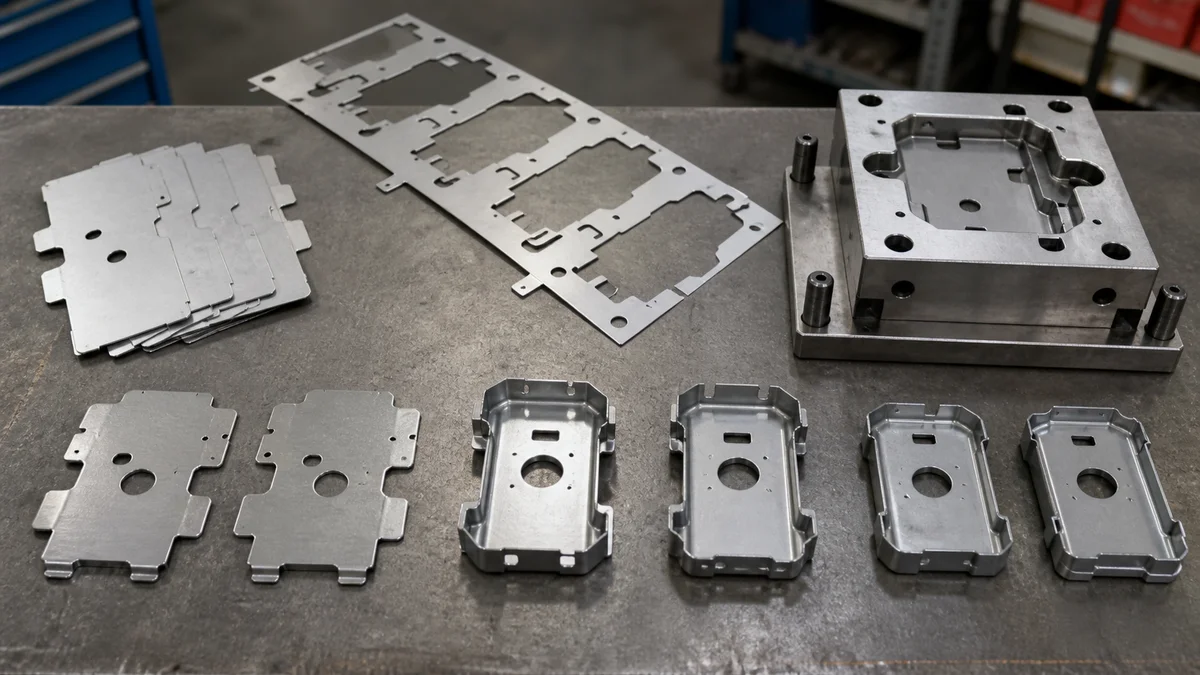 Stamping Operations and Trim Die Stamped blanks, a progressive strip, trim tooling, and formed parts arranged on a toolroom bench.