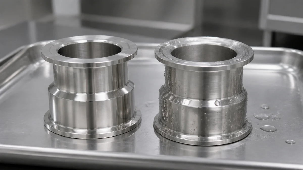 Machined stainless steel fittings shown dry and with water droplets to represent different exposure conditions.