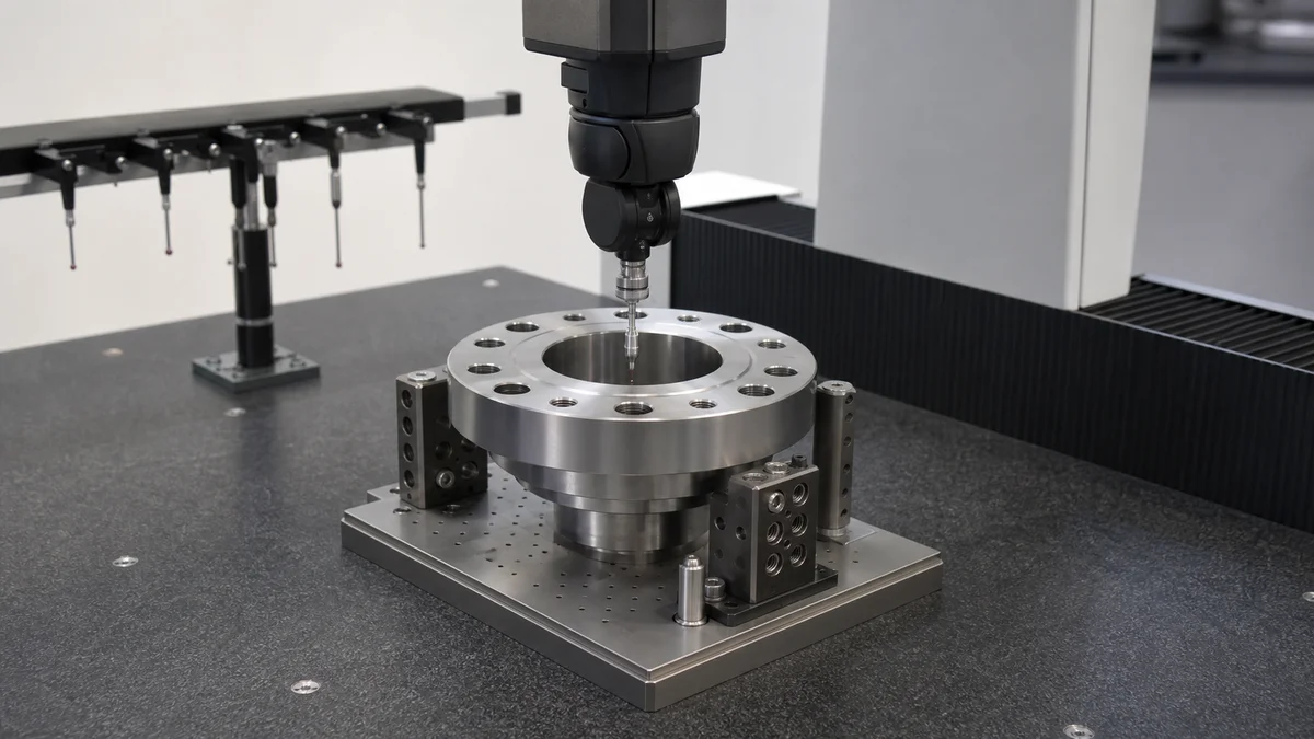 CMM Hole Pattern Inspection A coordinate measuring probe inspecting the bolt-hole pattern of a machined flange.