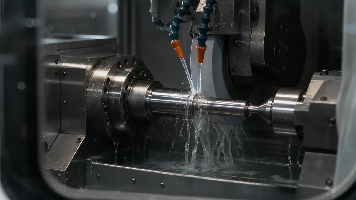 Hardened Steel Finish Grinding Hardened steel component undergoing precision finish grinding inside an enclosed machine.