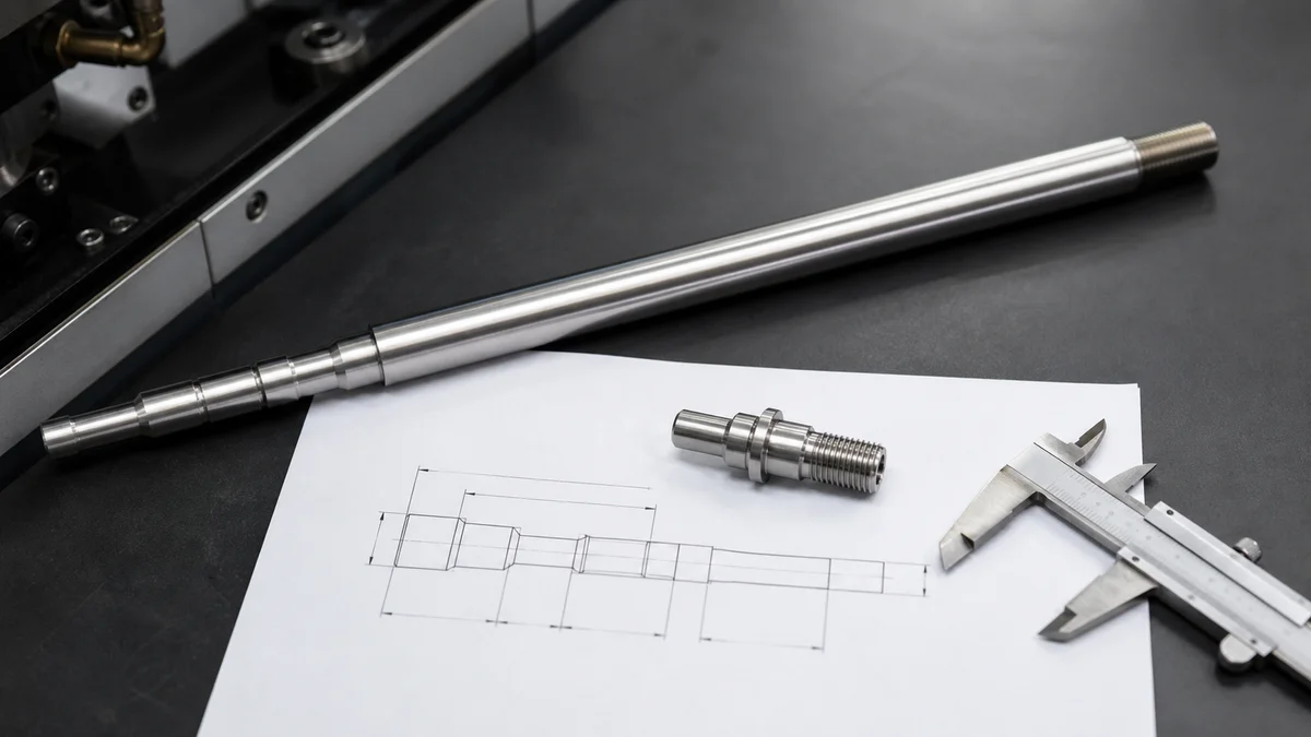 Long slender shaft and short turned part arranged beside calipers for geometry comparison.