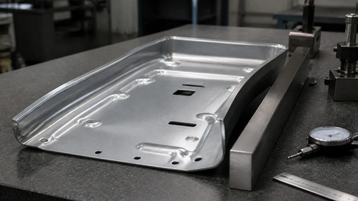 Drawn metal panel with a curled sidewall compared against a straight reference fixture.
