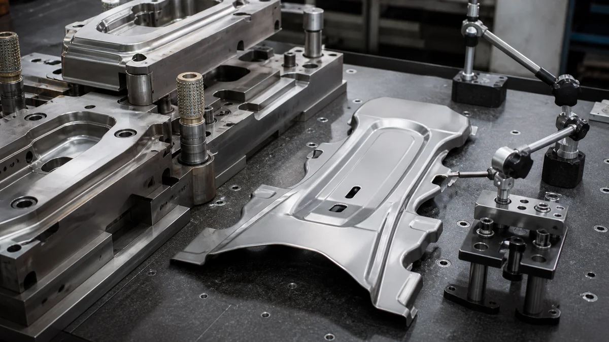 Complex formed panel beside stamping die surfaces prepared for springback compensation.