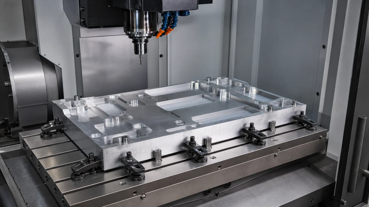 Partially roughed metal plate held with distributed clamps for staged machining.