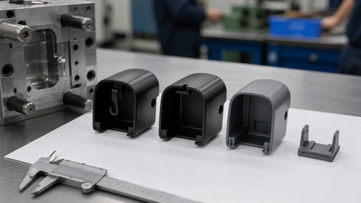 Undercut Design Alternatives Three molded housing variants comparing an internal hook, an open recess, and a separate retainer.