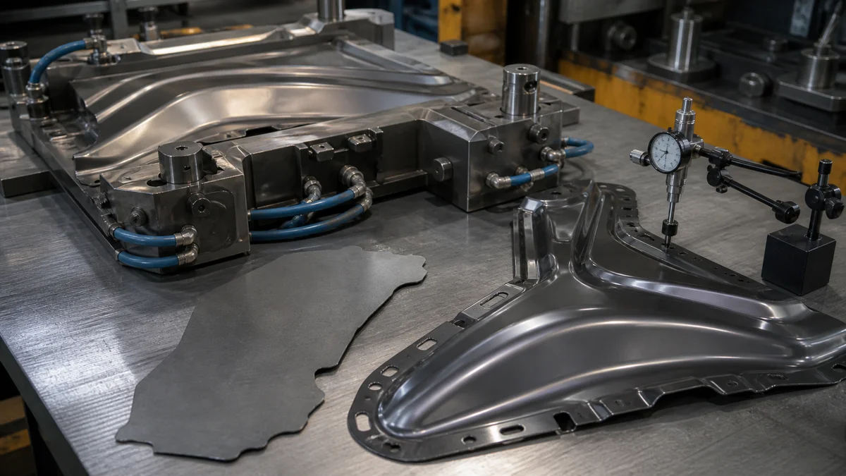 Advanced high-strength steel blank, cooled die components, and a formed press-hardened panel.