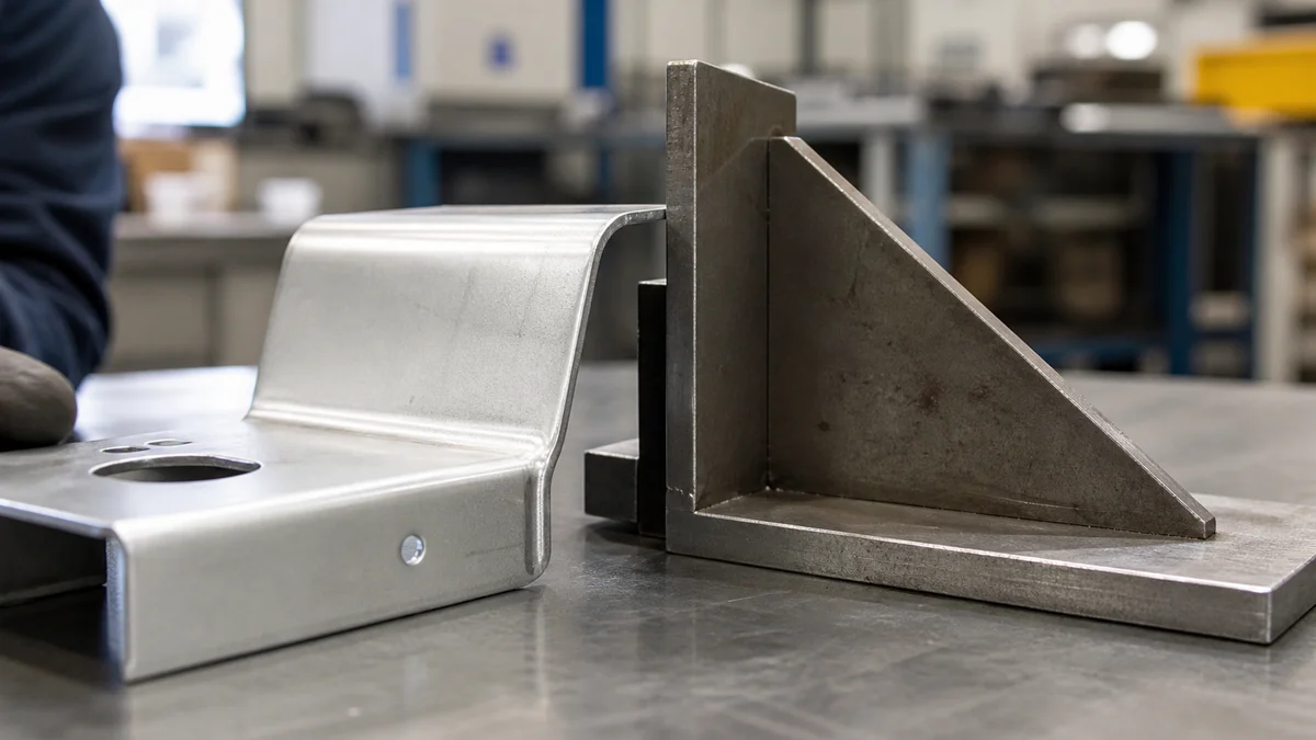 A formed sheet metal flange positioned beside an angle fixture for overbend inspection.