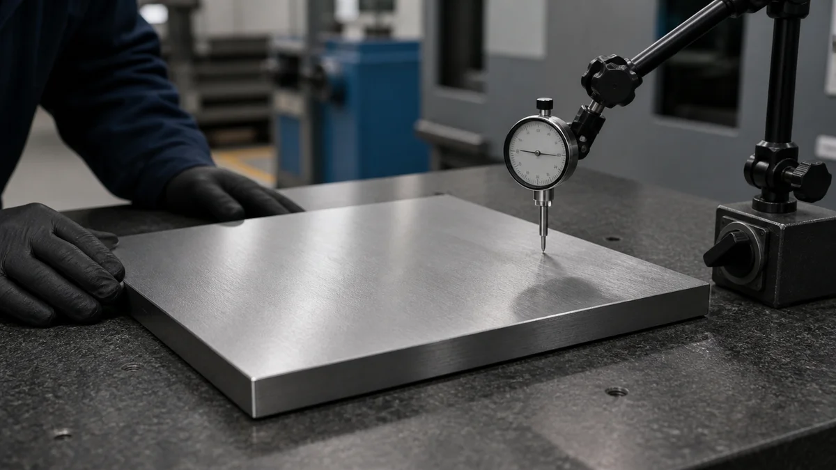 Ground Plate Flatness Inspection Ground rectangular plate undergoing flatness inspection with an indicator on a granite surface.