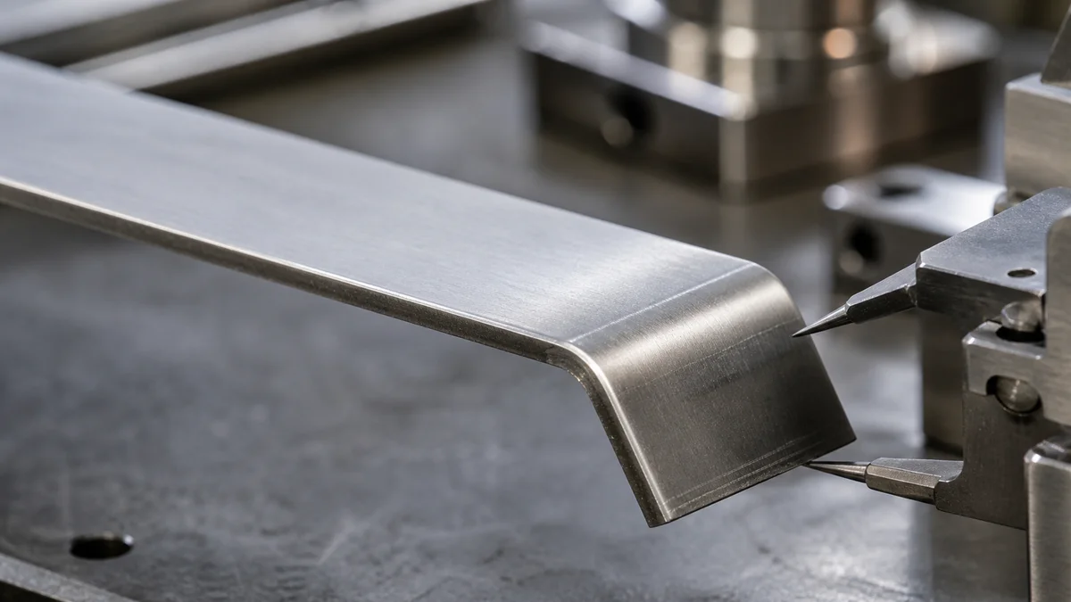 Close view of a coined sheet metal bend and localized compressed radius.