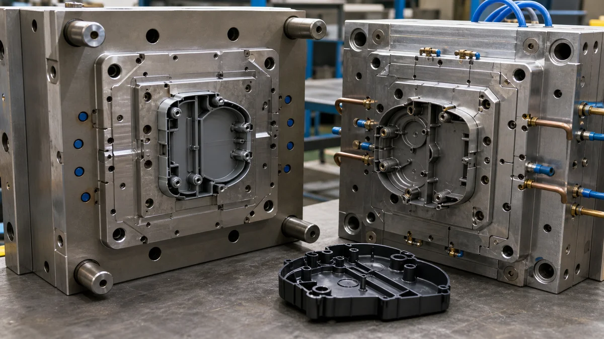 Open injection mold with cooling connections beside a slightly warped molded housing.