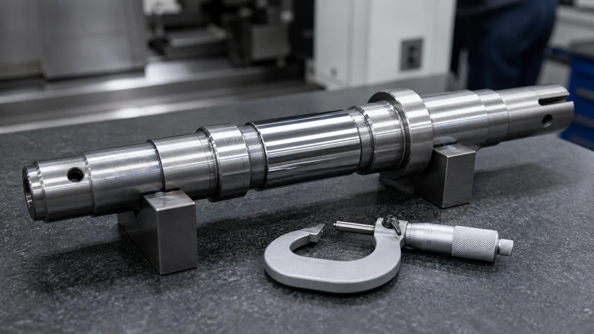 Bearing Journal Final Sizing Steel shaft with one finely ground bearing journal being checked beside a micrometer.