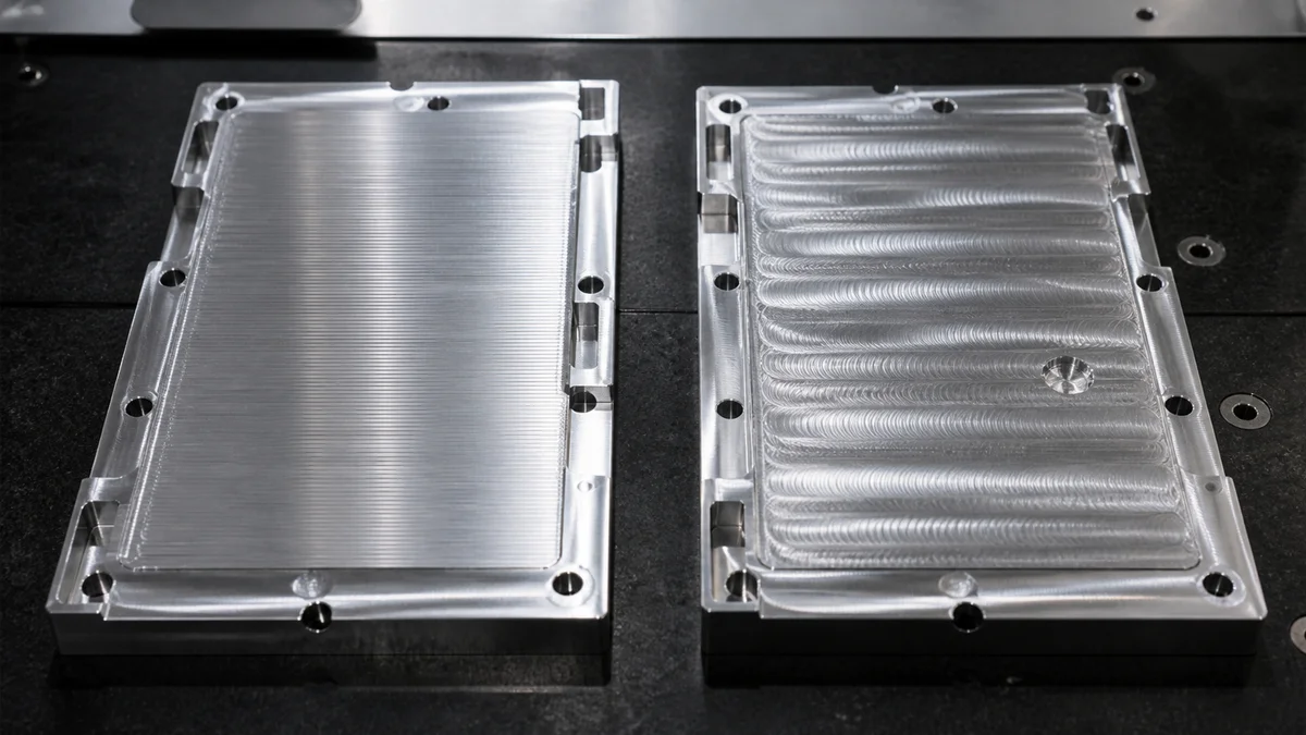 Close comparison of uniform cutter paths and irregular chatter marks on machined aluminum.