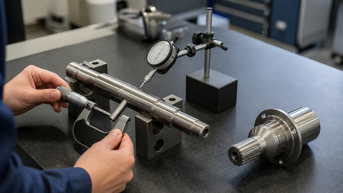 A finished stainless shaft undergoing dimensional inspection after final processing.