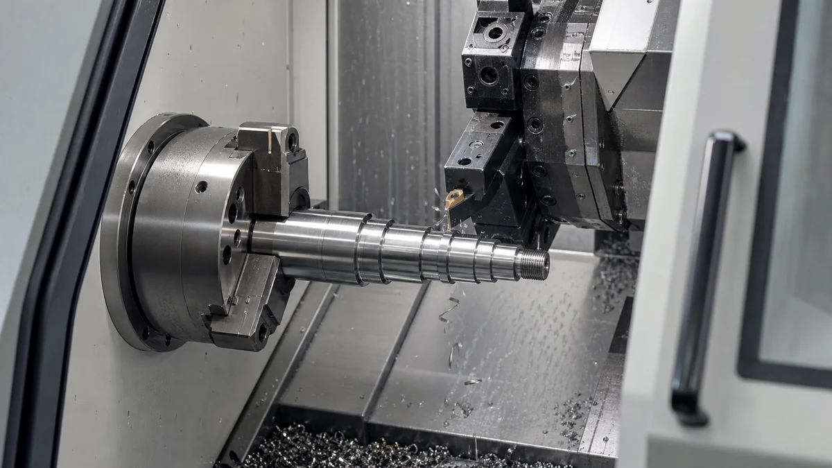 A stainless steel shaft with stepped diameters and grooves being machined inside an enclosed CNC lathe.