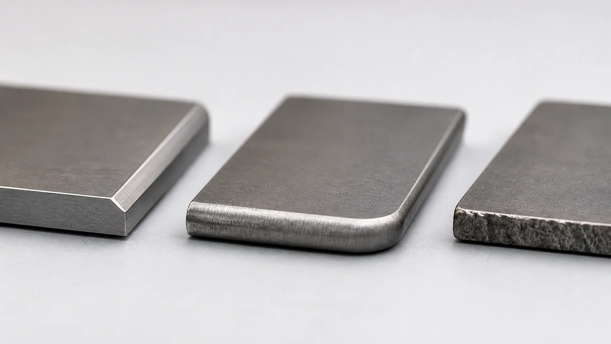 Three metal coupons with a chamfer, rounded radius, and controlled undefined edge.