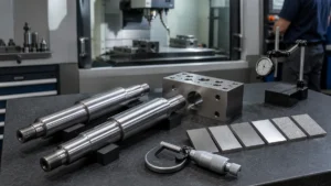 Precision-ground steel shafts and a machined block beside a micrometer on a clean inspection table.