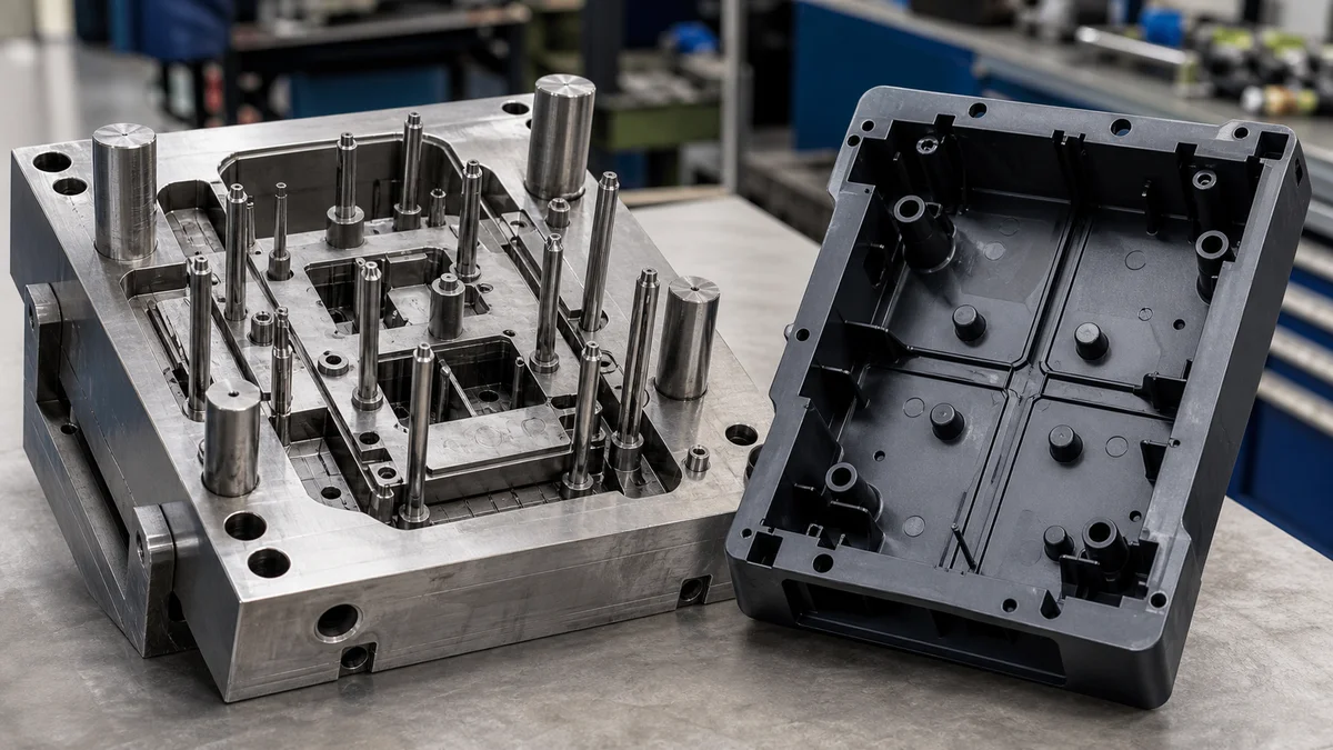 Injection mold core with ejector pins and a molded housing showing circular marks on supported interior surfaces.