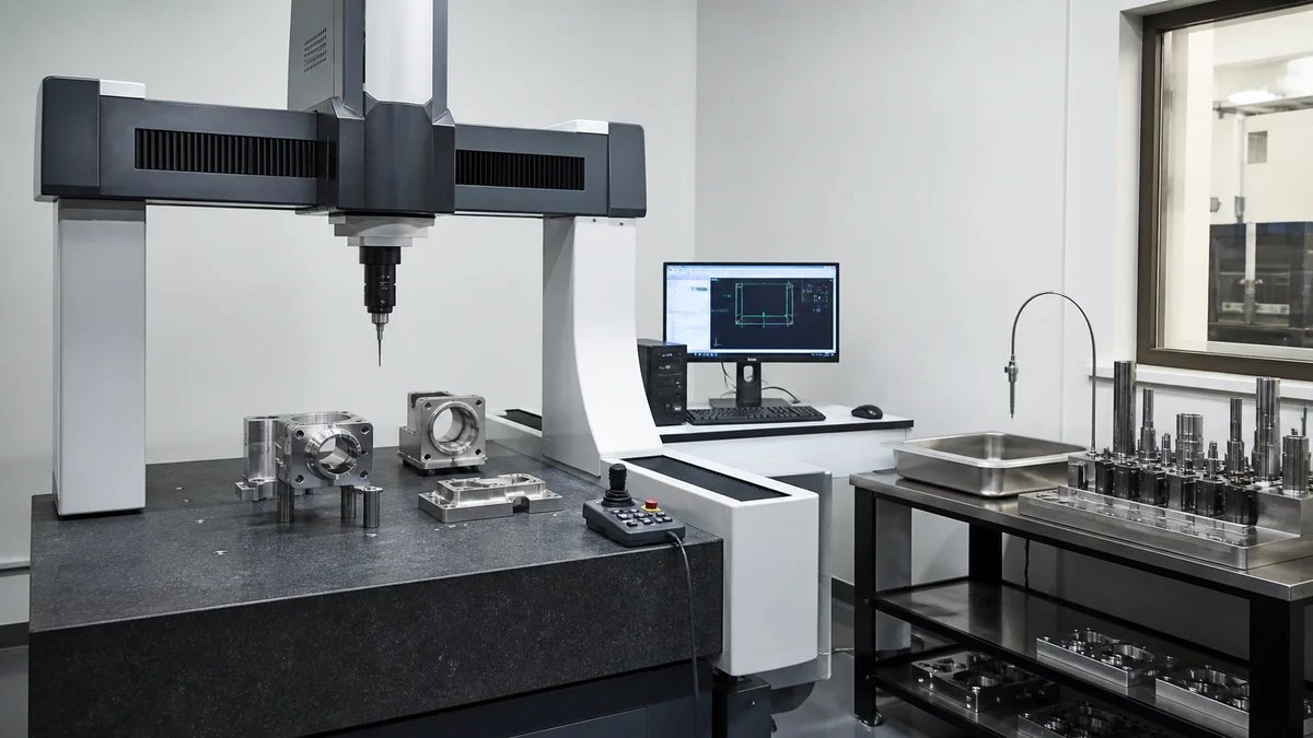Controlled Metrology Room Machined components stabilized on an inspection table beside a coordinate measuring machine.