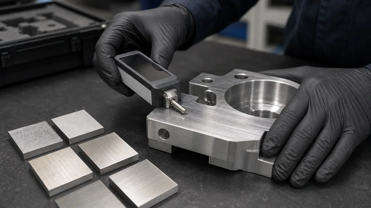 Surface roughness probe positioned on a selected face of a CNC machined metal part.