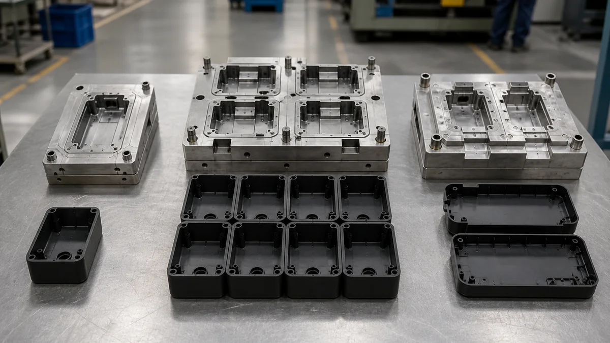 One molded housing, several identical housings, and a matched two-part housing set arranged for comparison.