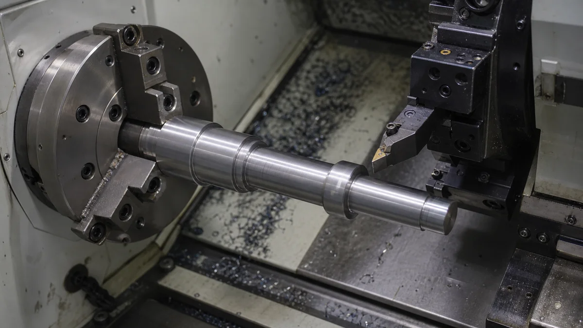 Stepped metal shaft held in one lathe chucking while related bearing journals are finished.