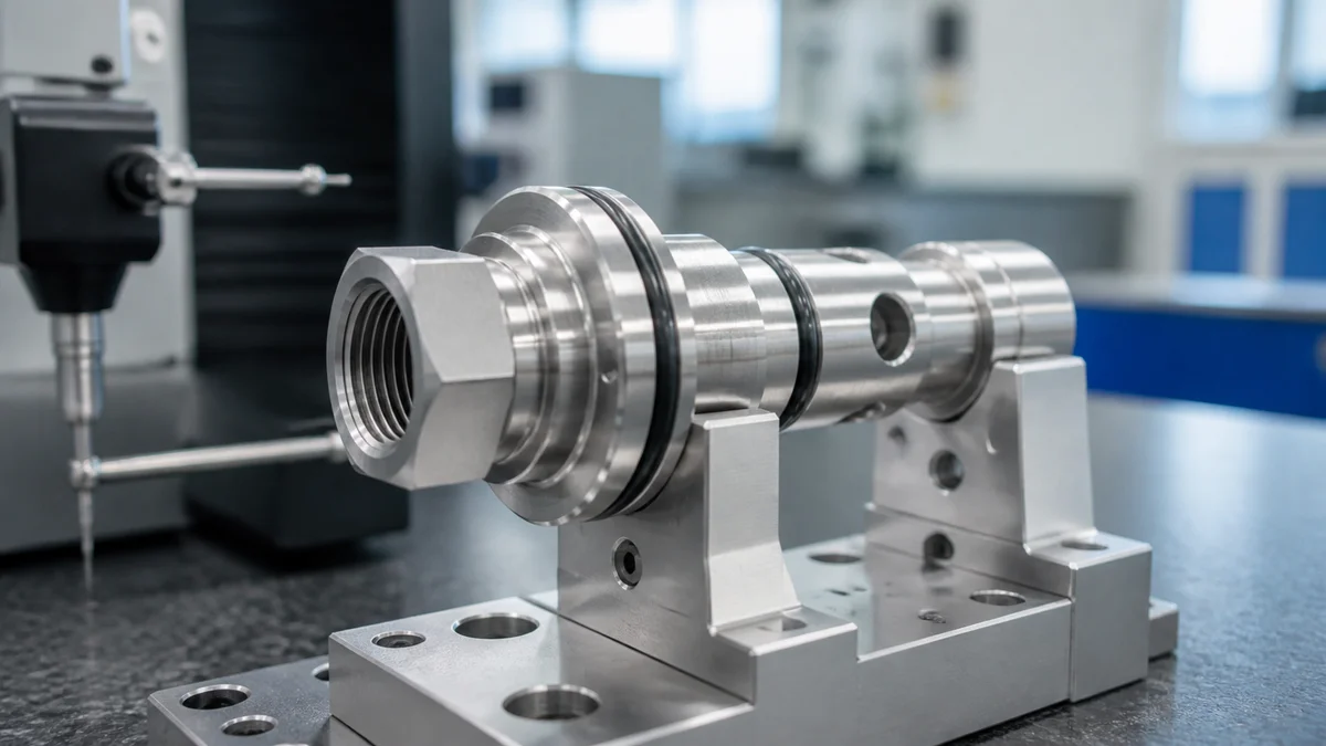 Machined component with crisp seal land, locating shoulder, metering opening, and external chamfers.