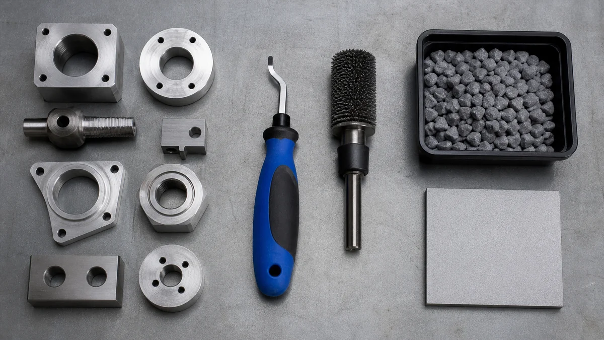 Machined metal samples beside hand, brushing, tumbling, and blasting deburring materials.