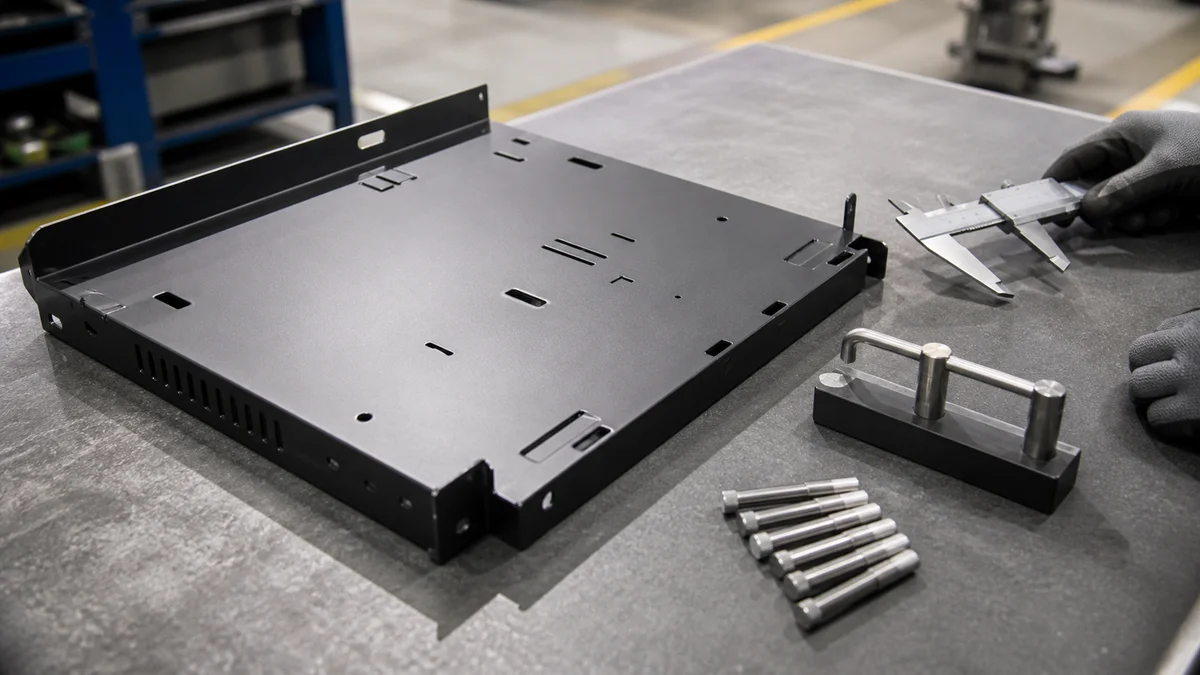 Powder-coated formed panel with slots and flanges being checked using dimensional inspection tools.