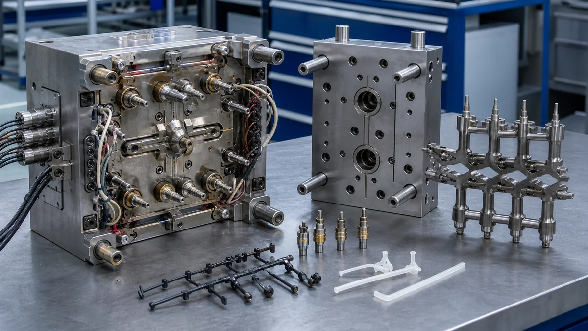Opened hot-runner manifold and cold-runner components arranged for maintenance and failure review.