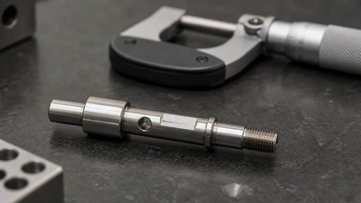 Small machined shaft with bearing diameters, cross-hole, wrench flats, groove, and threaded end.