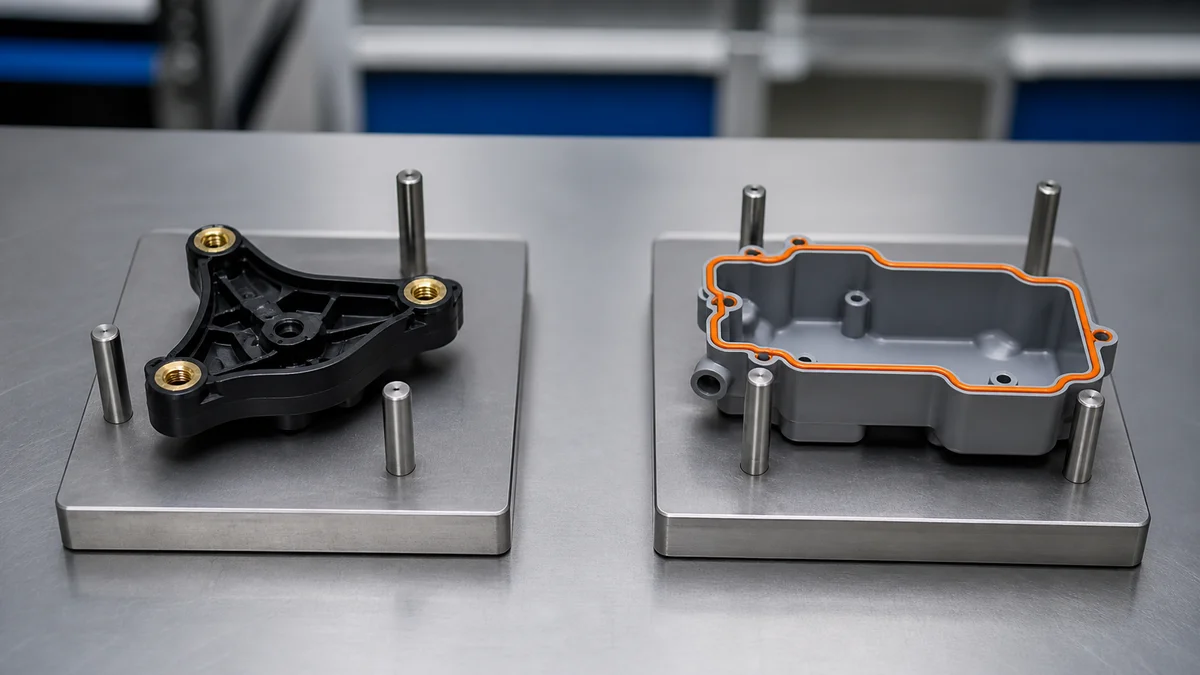 Insert-molded and overmolded plastic parts arranged for dimensional and interface inspection.