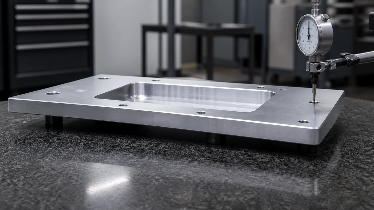 Broad pocketed aluminum plate resting on an inspection table for distortion evaluation.