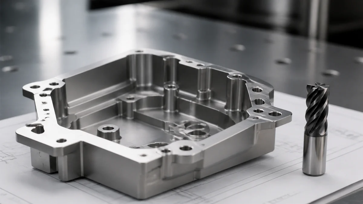 Titanium component combining a deep pocket, narrow entry, small corner radii, and a thin wall.