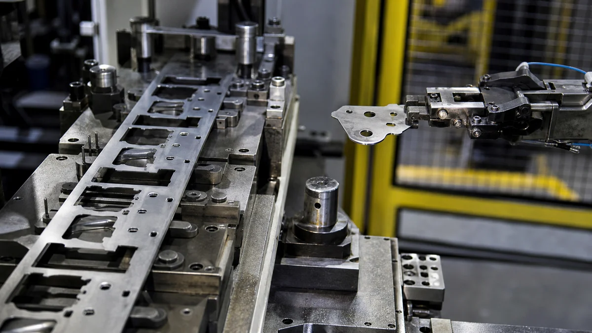 Carrier webs support progressive parts while transfer fingers hold an asymmetrical blank.