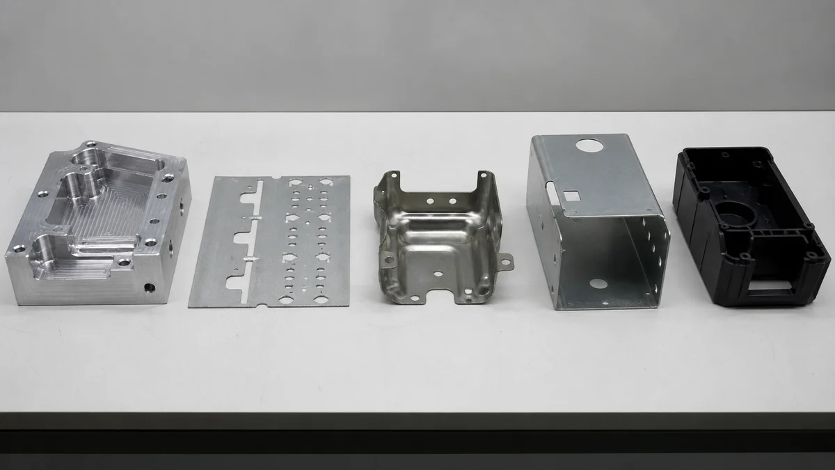 Separate machined, punched, stamped, fabricated, and molded parts displayed on a clean table.