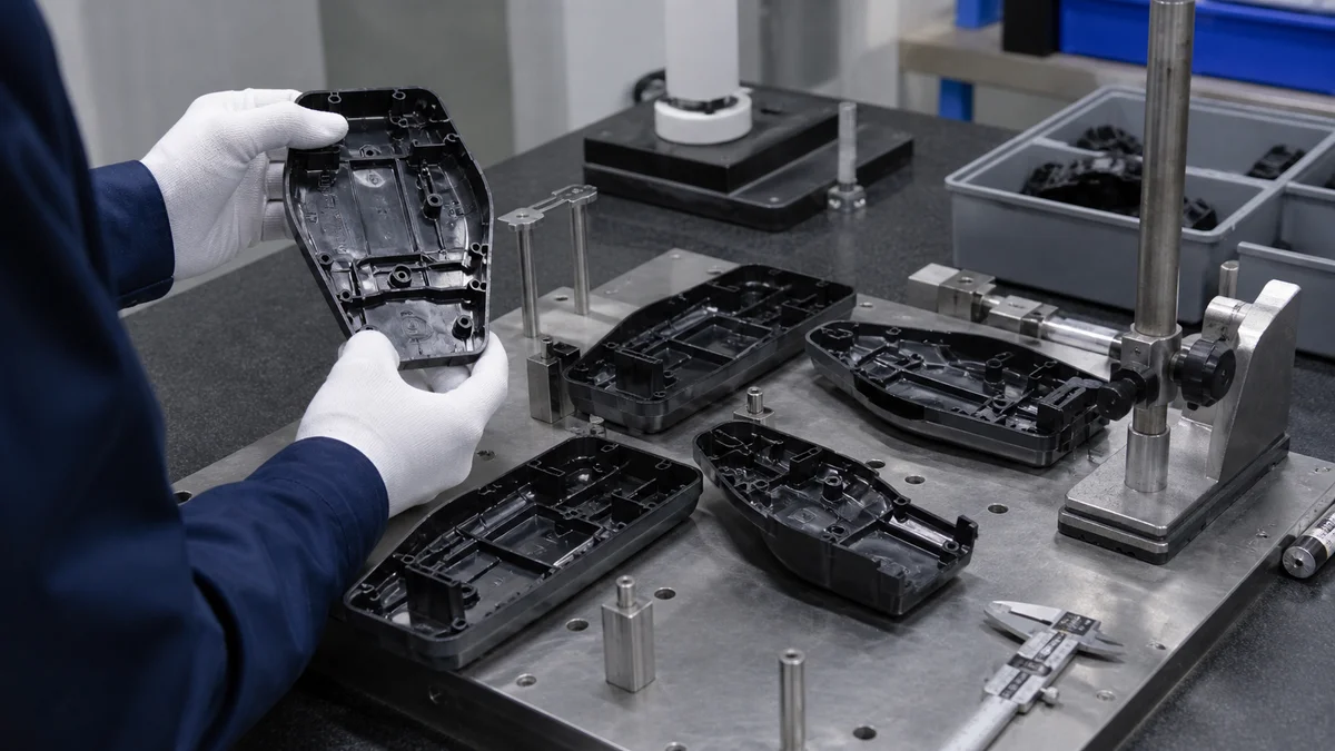 Plastic Surface Finish Samples Transparent, painted, plated-look, matte, and glossy molded plastic surface samples under inspection lighting.