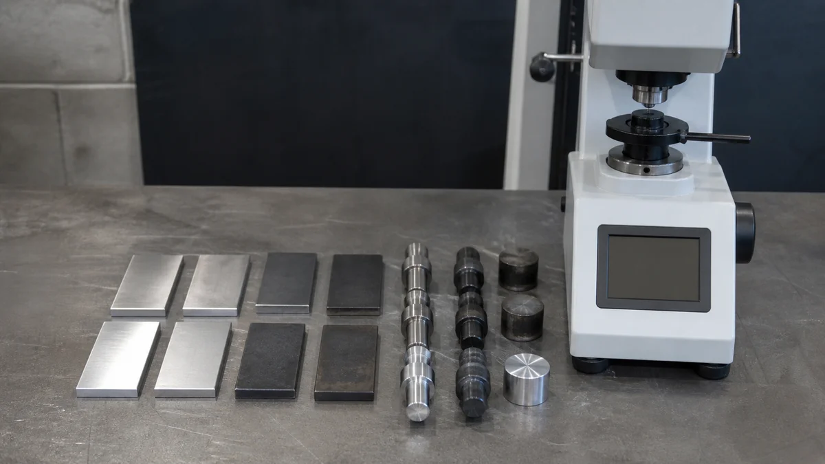 Steel samples and turned components in different material conditions arranged beside a hardness testing setup.
